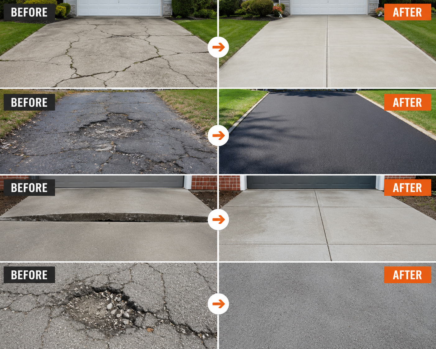 Before and after examples of cracked concrete, damaged asphalt, uneven slabs, and pothole repairs